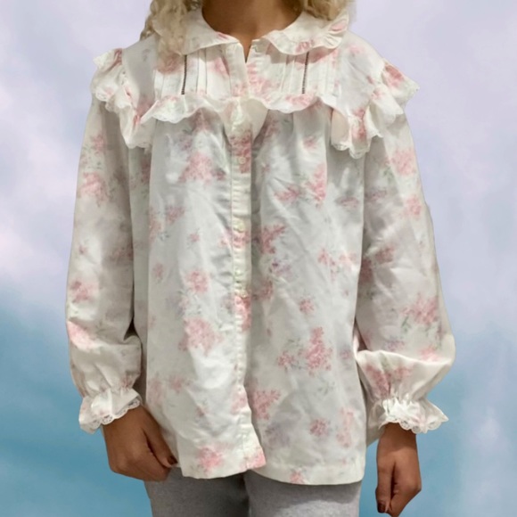 Vintage 1990s Jessica Floral Satin Lace Button Down Pajama Top - Picture 5 of 6